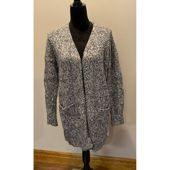 Loft Cardigan Sweater Chunky Oversized Medium Black White Variegated Knit - Picture 1 of 12